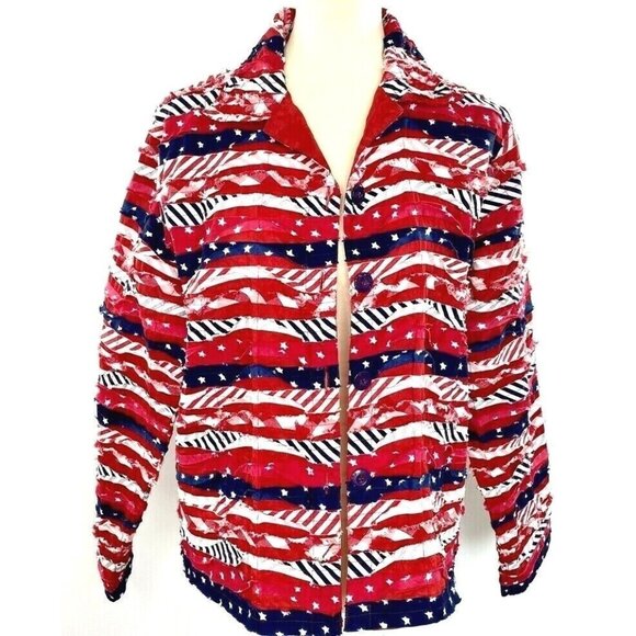 Patriotic American Blazer Jacket Womens M Long Sleeve Collar Stars Stripes - Picture 1 of 9